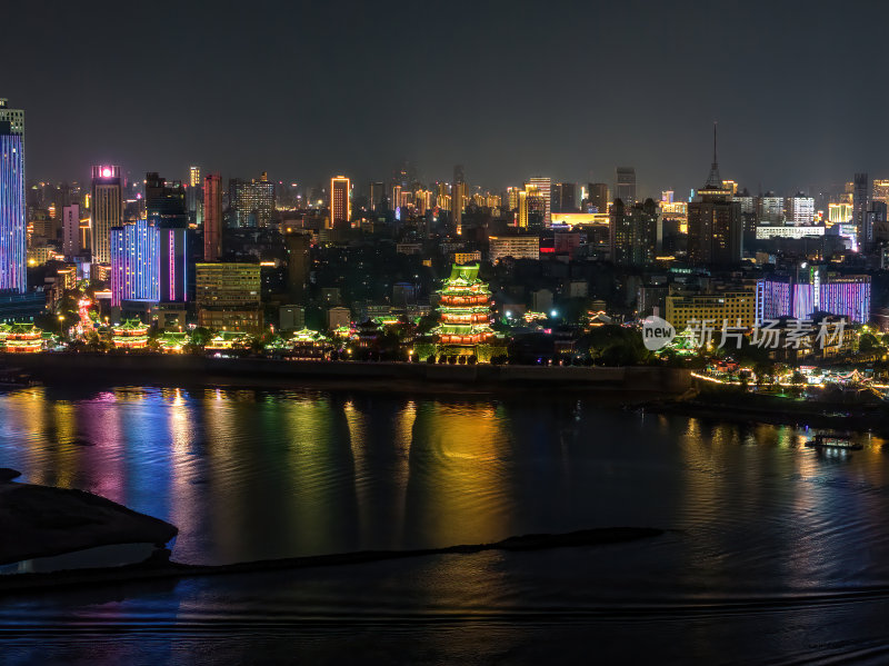 江西南昌红谷滩新区秋水广场夜晚日出航拍