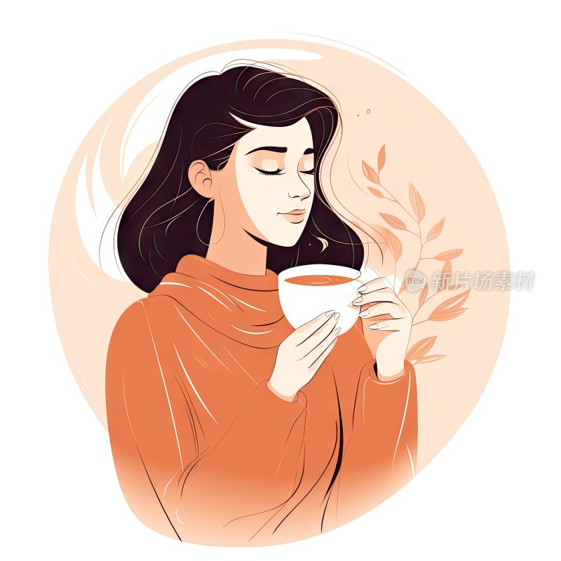 平面卡通插图，喝咖啡的女人