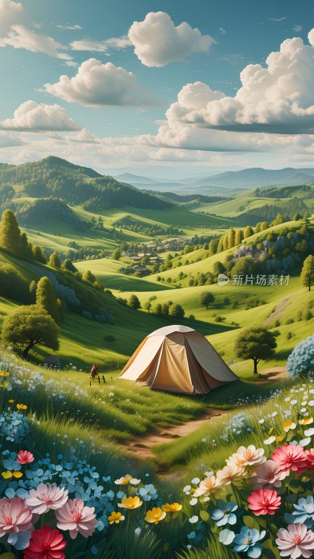 春天在野外山坡上露营的帐篷