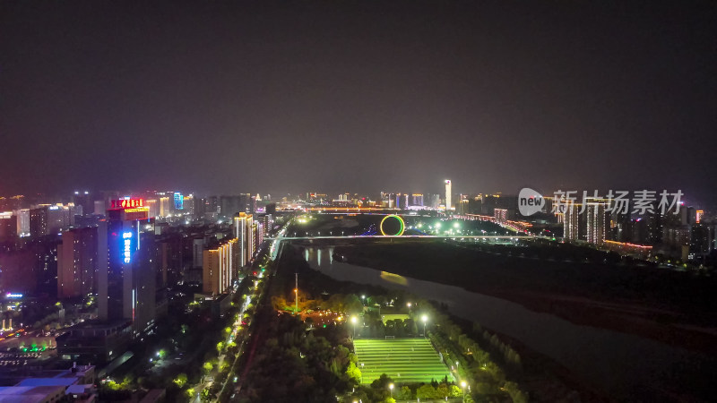 陕西宝鸡渭河两岸夜景灯光航拍图