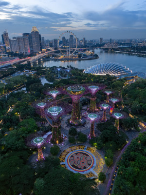 新加坡滨海湾金沙海滨奥林匹克蓝调夜景航拍