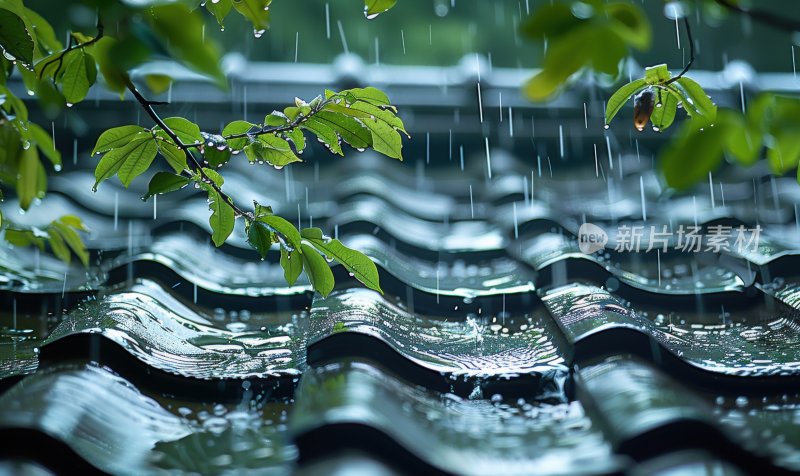 阴雨天屋顶瓦片春天树叶宁静自然背景