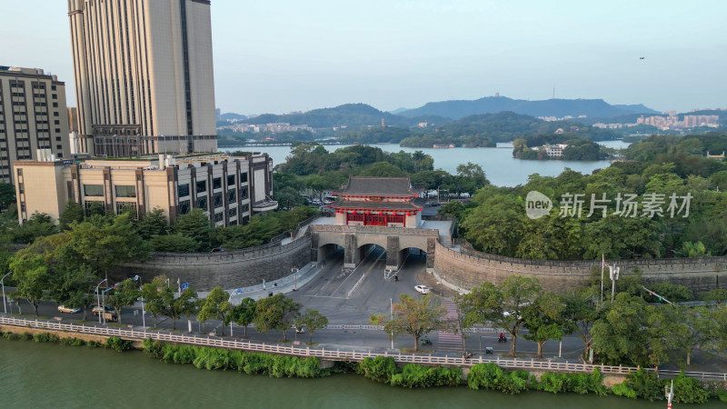 航拍广东惠州朝京门地标建筑