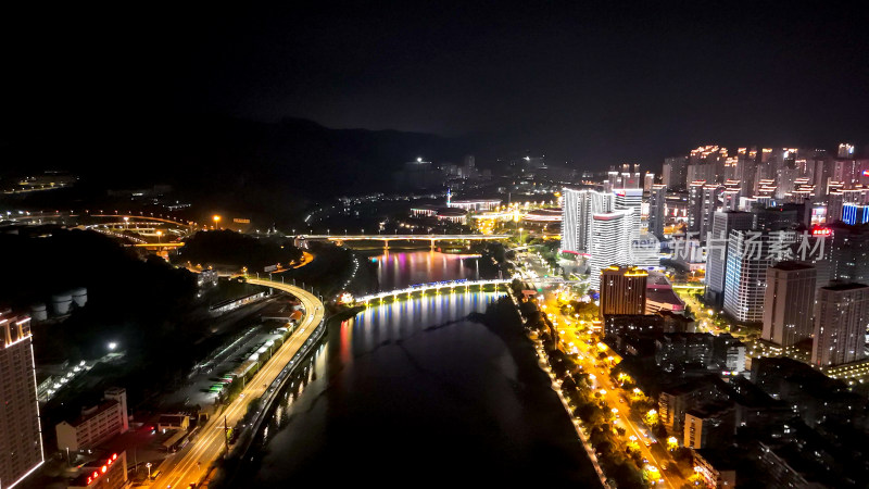 福建三明城市夜景灯光航拍图