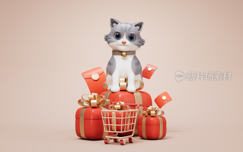 卡通风格小猫与礼物盒3D渲染