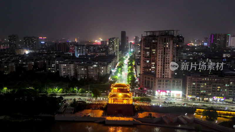 航拍湖北鄂州武昌门夜景灯光