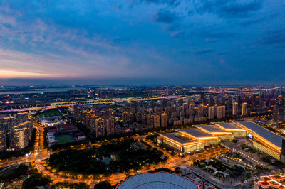 苏州金鸡湖日落晚霞夕阳夜景航拍摄影图