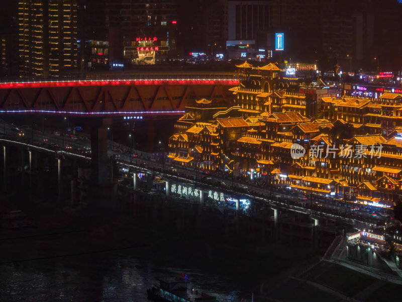 重庆洪崖洞网红景点居民楼夜景城市高空航拍