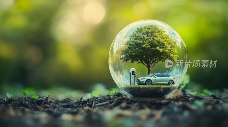 灯泡里的绿树与汽车