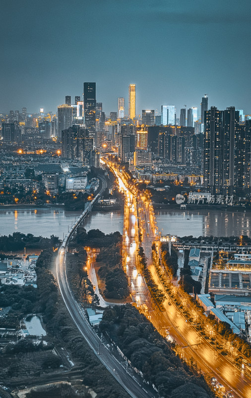 长沙城市夜景下的道路与高楼全景航拍