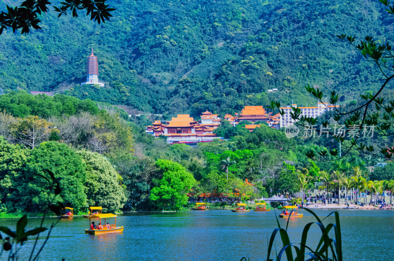 深圳仙湖植物园湖泊山林与弘法寺寺庙建筑