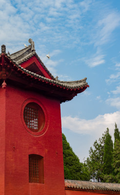 中国洛阳白马寺古建筑屋檐有鸽子飞来