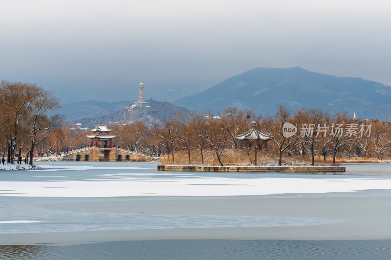 遥望颐和园柳桥孤岛玉泉山玉峰塔梦幻雪景