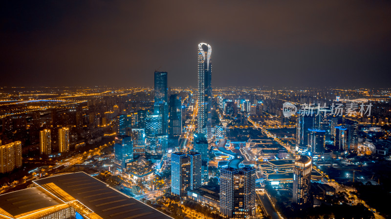 中国江苏苏州工业园区CBD城市夜景航拍