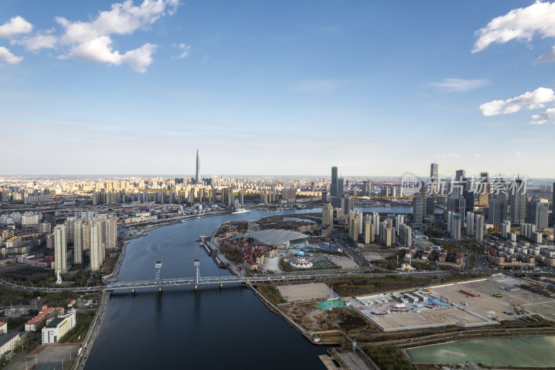 天津滨海海河响螺湾海门大桥城市风光航拍