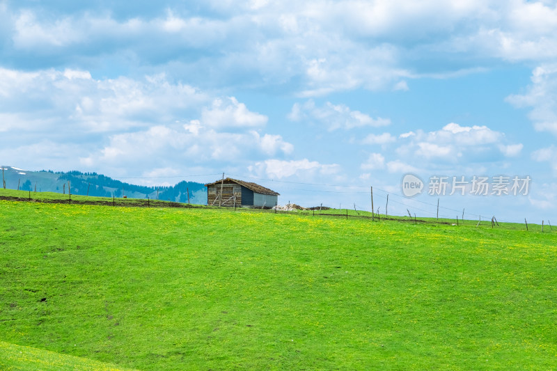 新疆琼库什台蓝天白云下草原上的小木屋