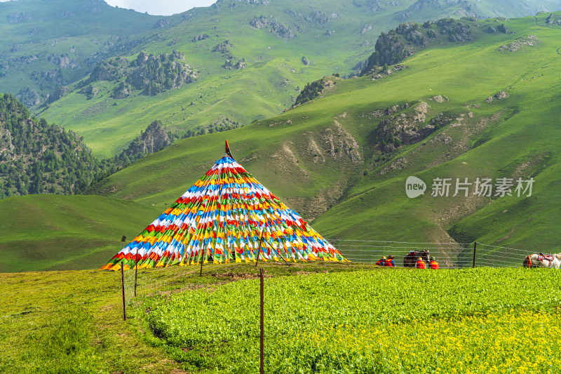 青海祁连县卓尔山，夏季起伏的高山经幡