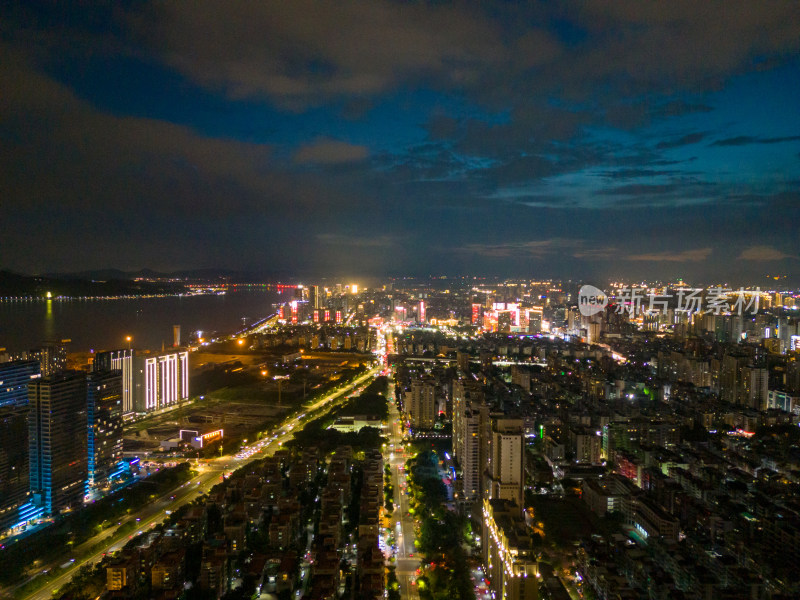 广东汕头城市夜景灯光交通航拍