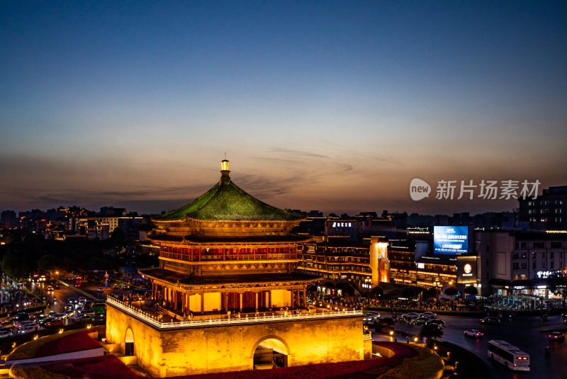 陕西西安钟楼黄昏晚霞夜景