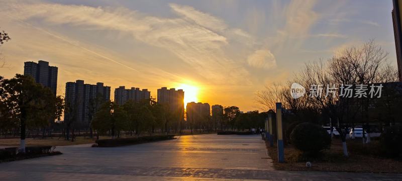 夕阳下的城市道路与高楼景象