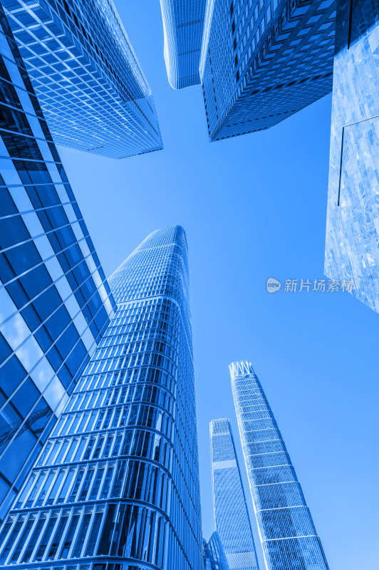 北京国贸CBD建筑群低角度仰拍纯蓝背景