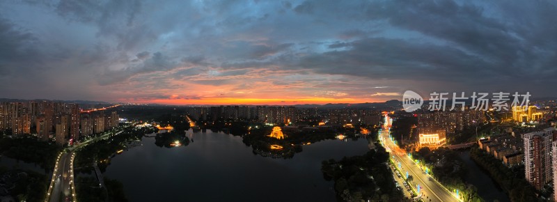 枣庄东湖公园晚霞夜景航拍