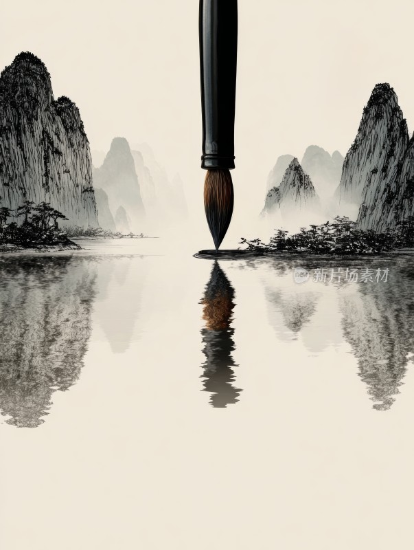 毛笔笔触于水墨山水间