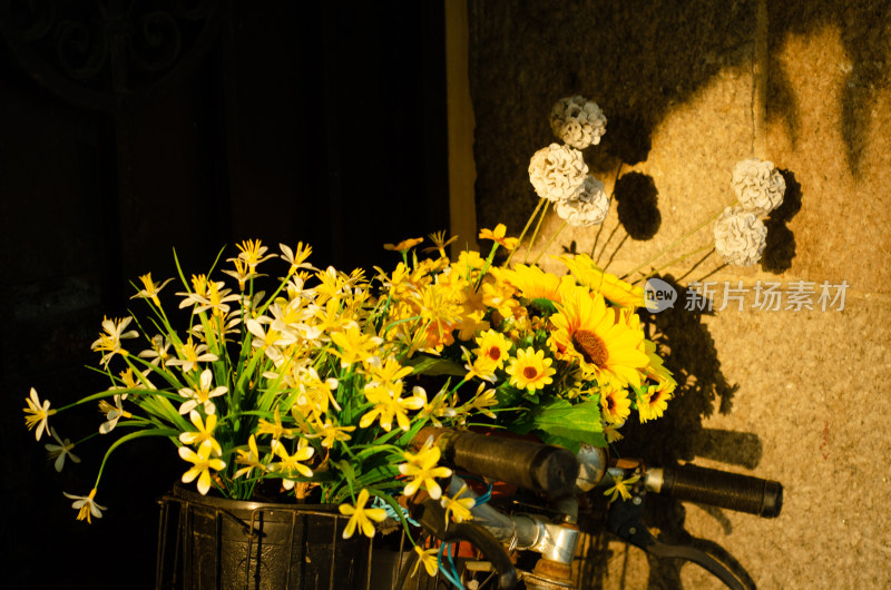 阳光下的一丛黄色花束，在车篮里