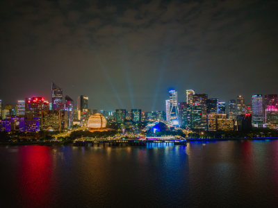 航拍浙江杭州城市夜景灯光杭州大景杭州地标