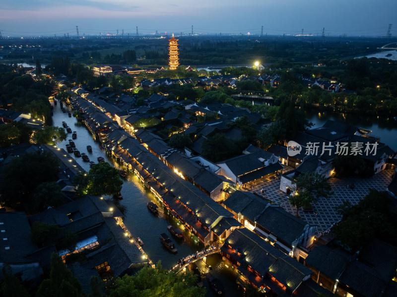 浙江嘉兴桐乡乌镇西栅景区江南水乡航拍夜景
