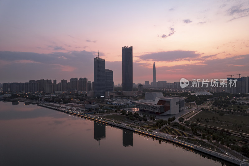 天津滨海海河响螺湾于家堡日出城市风光航拍