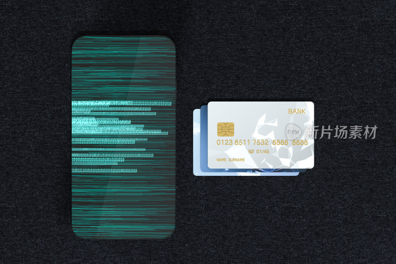 银行卡与手机屏幕上的代码 3D渲染