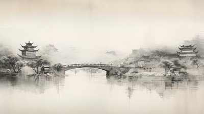 中国风水墨画，湖水和桥