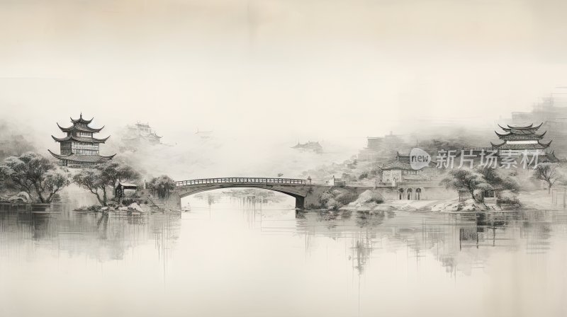 中国风水墨画，湖水和桥