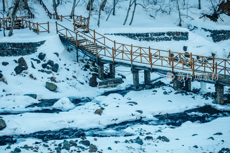 冬季雪地河流上的小桥