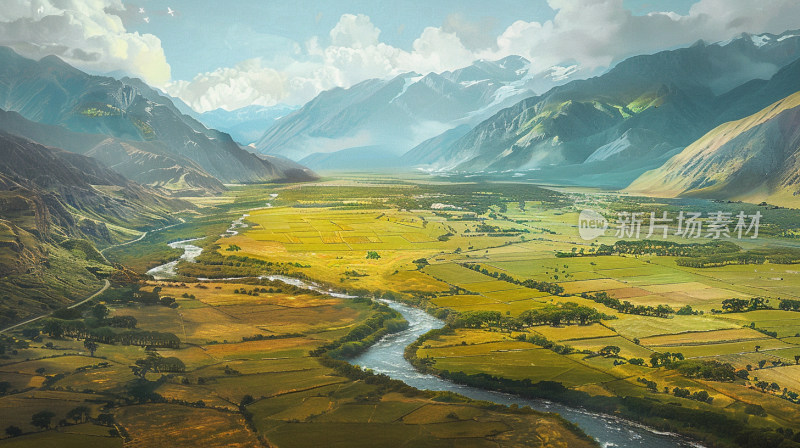 蓝天白云草原河流高山 旅行 背景图片