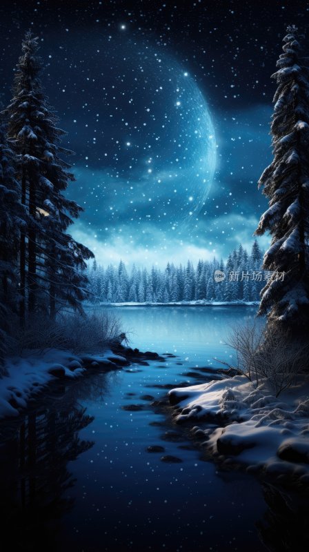月光照亮了冬天森林与湖面