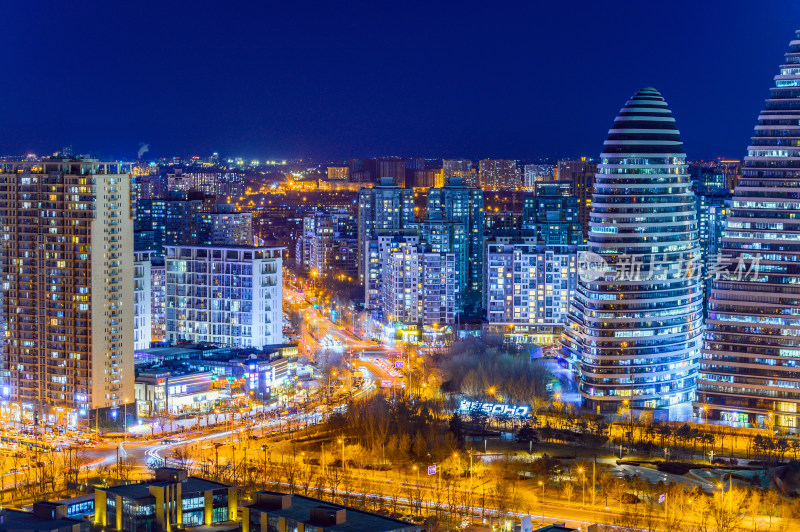 北京望京CBD商务区城市天际线夜景全景图