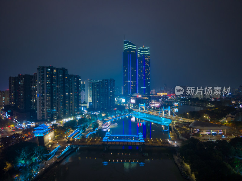 浙江湖州城市夜景航拍