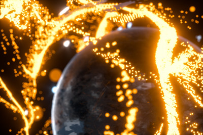 虚拟星球与发光燃烧的粒子 三维渲染