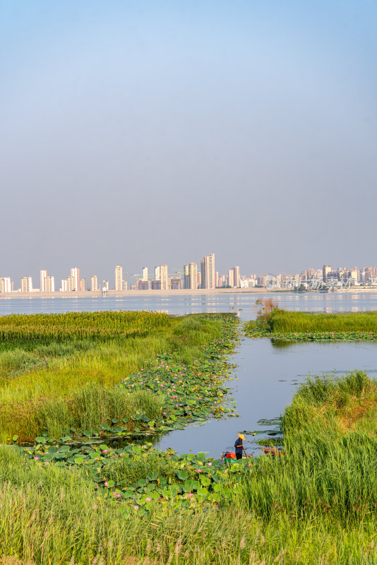 中国邹城孟子湖湖泊湿地渔船自然景观