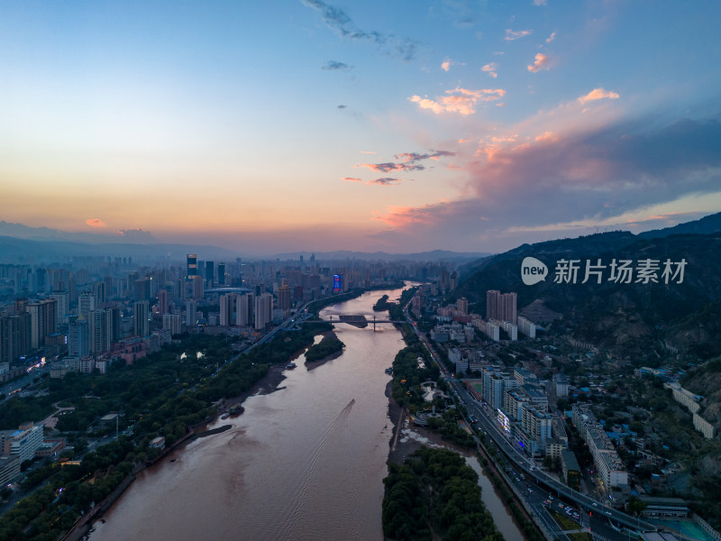 兰州城市夕阳夜景航拍图