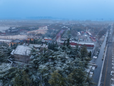 河南商丘火神台景区雪天航拍