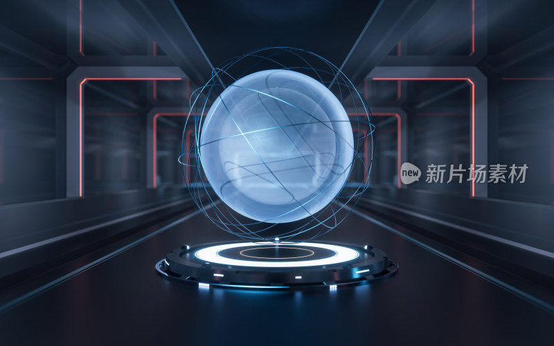 科技感球体与室内背景3D渲染