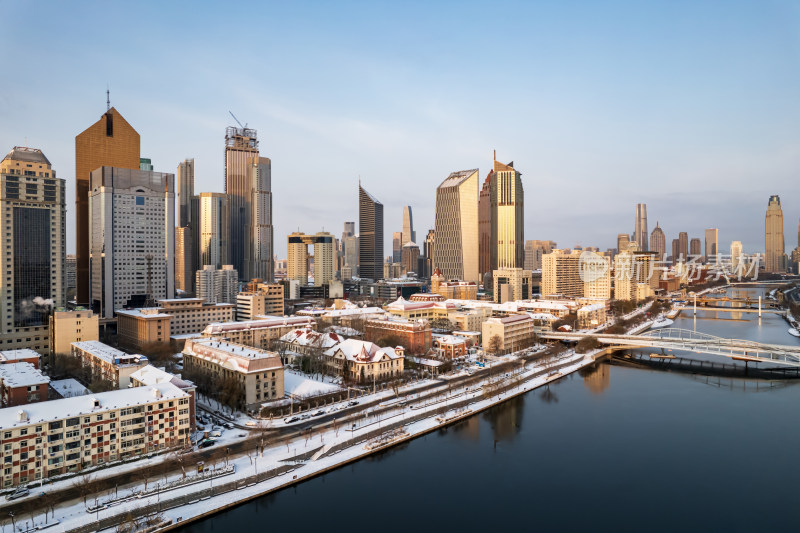 天津海河直沽桥小白楼商圈城市建筑雪景风光