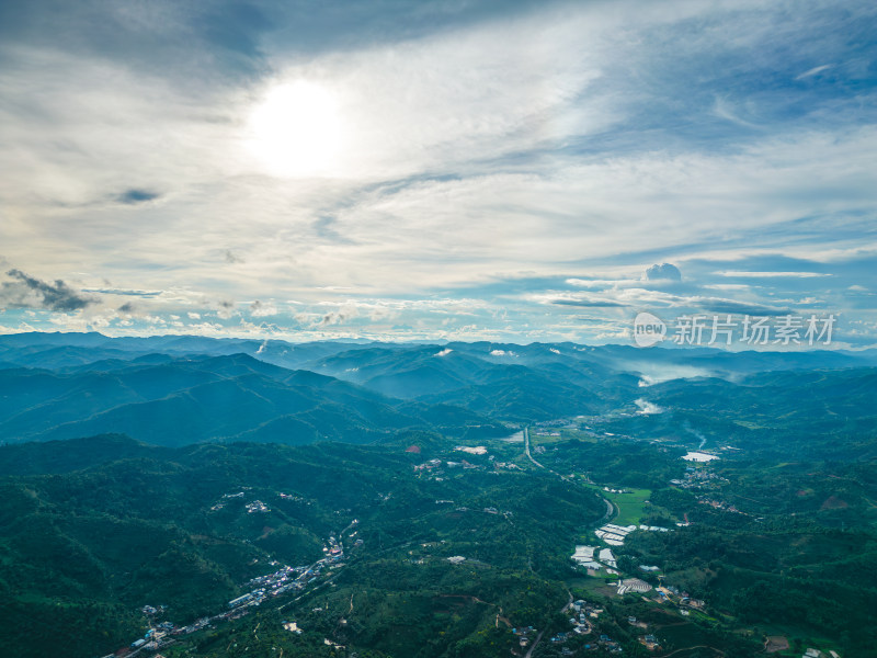 航拍天空高山农田田园村寨风光