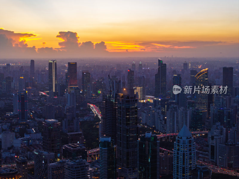 航拍上海浦西CBD高楼群夜景亮化