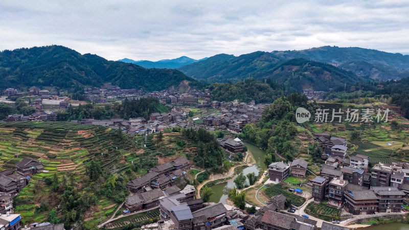 侗族特色建筑程阳八寨风景航拍图