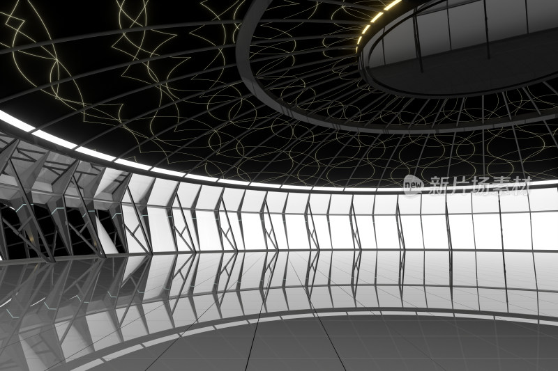 黑色圆形建筑室内 3D渲染