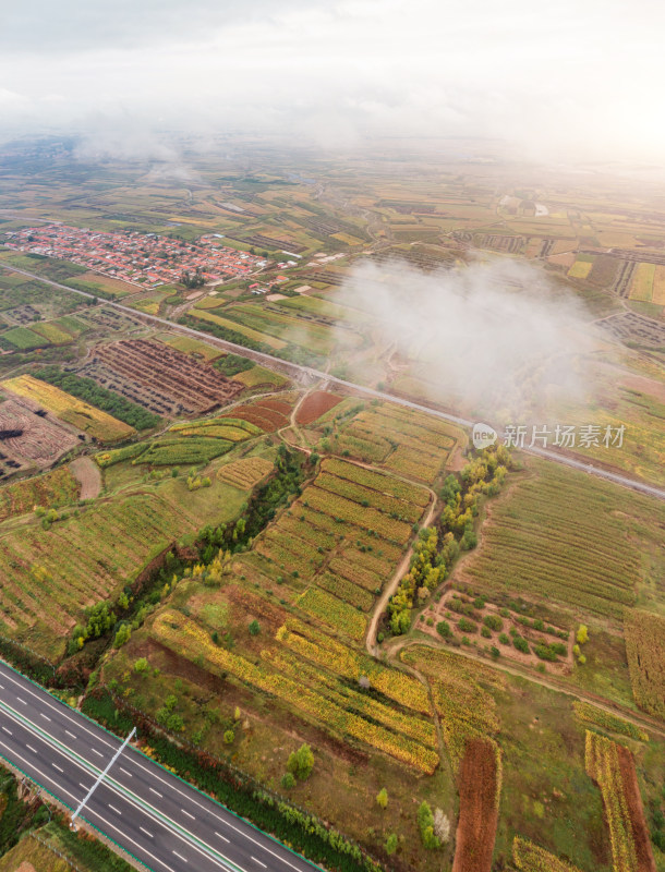 航拍中国河北省京张高速公路旁的农田